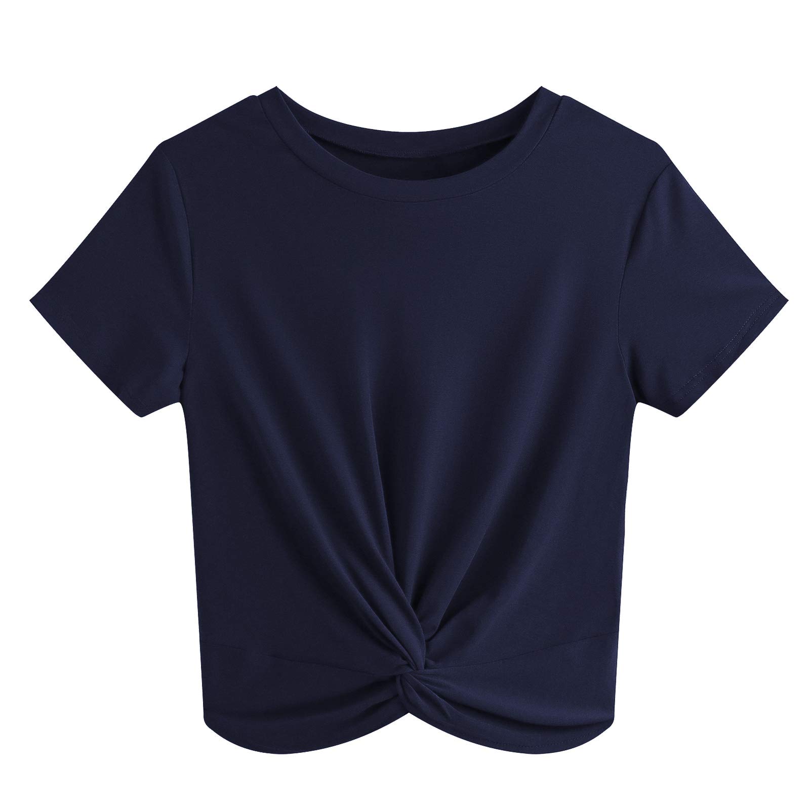 JINKESI Women Summer Blouse Short Sleeve Round Neck Crop Top Twist Front T-Shirt