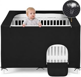 WANRU Crib Blackout Cover, Full Size, Ventilated Climb Protection | Breathable stretchy fabric, snug fit no sagging, dual-zipper top easy reach, side window for airflow, reduces most light