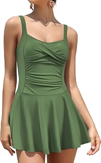 SHEKINI Women's One Piece Ruched Sport Skirted Swimwear Adjustable Vintage One Piece Swimsuit Beach Skirt