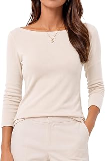 QUALFORT Womens Boat Neck 3/4 Sleeve T-Shirts Slim Fit