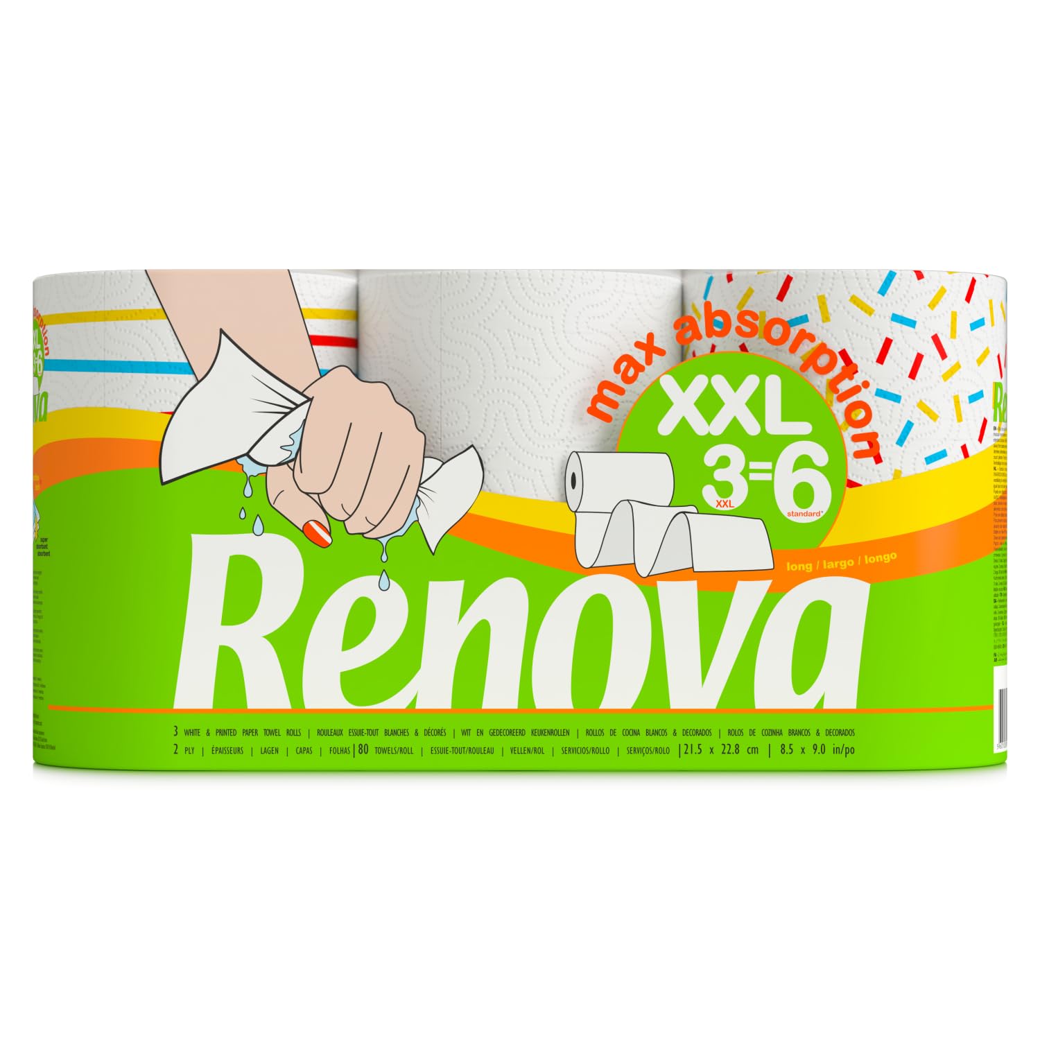 Renova Maxi-Absorption Kitchen Towel| 3 Rolls | 3 Rolls XXL = 6 Standards|2 Ply 