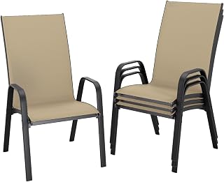 JEAREY Patio Dining Chairs Set of 4, Stackable Outdoor Chairs, Beige | Assembly Required, 20" Wide High-Back Seat, Breathable Textilene w/Powder-Coated Steel Frame for Lawn, Garden, Deck, Poolside