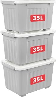 Cetomo 35L*3 Storage Boxes with Lids, Plastic Containers with Wheels, Clip On, Stackable, Uncastable, Striped Organizer for Home Office, Grey, 35L-3 Pieces