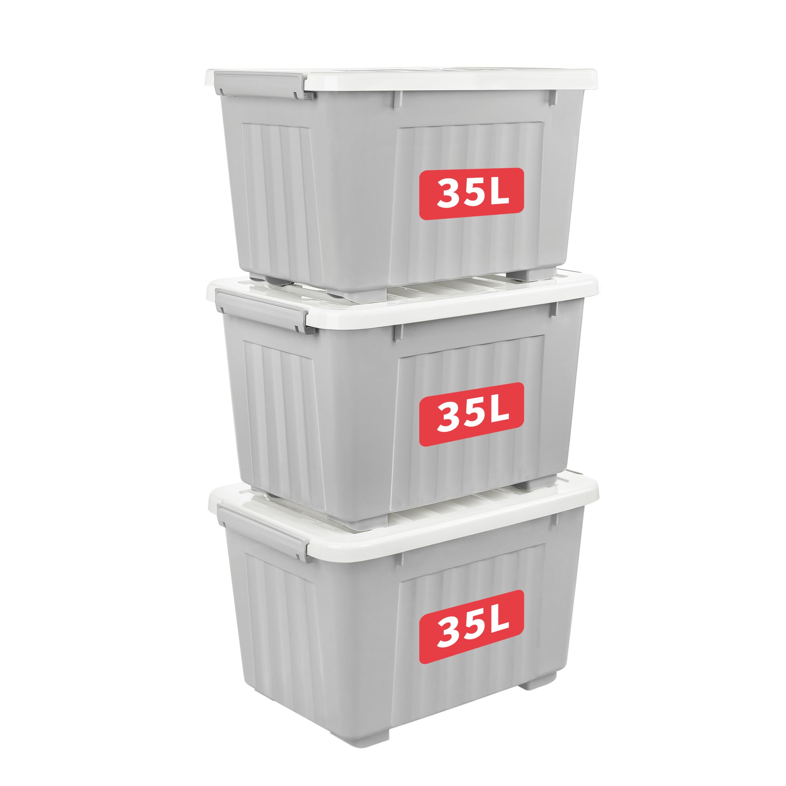 Cetomo 35L*3 Storage Boxes with Lids, Plastic Containers with Wheels, Clip On, S