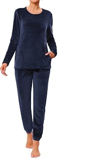 Women's Pyjamas Winter Two Pieces, Velvet Loungewear Jumpsuit Home Warm Autumn Winter Long Sleeve Round Neck Knit Top with Pockets and Trousers S-3XL