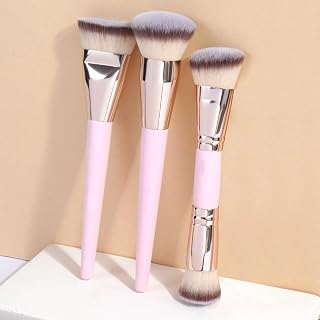 3 Pcs Makeup Brushes: Kabuki Face Makeup Tools Used for Mixing and Shading Liquid, Creams and Powders (Pink)