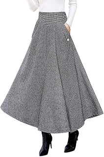 IDEALSANXUN Women’s Fall Winter High Waisted Wool Plaid A-line Long Skirt