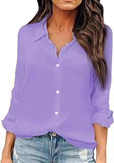 OMSJ Women Button Down Shirts Long Sleeve Chiffon Office V Neck Casual Business Blouses Tops