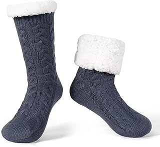 LEMZONE Men's Warm Slipper Socks Non Slip Thick Fleece Grip Cabin Socks