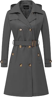 CREATMO US Women's Long Trench Coat Double-Breasted Classic Lapel Overcoat Belted Slim Outerwear Coat with Detachable Hood