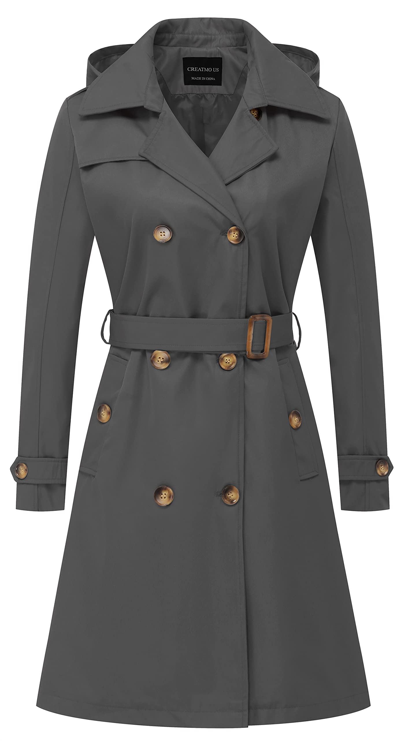 CREATMO US Women's Long Trench Coat Double-Breasted Classic Lapel Overcoat Belte