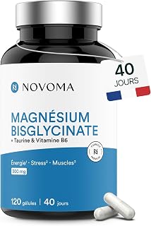 NOVOMA Magnesium Bisglycinate 300 mg + Vitamin B6, 120 Softgels | For 40 days - With Taurine - Magnesium Chelated with Glycine - Made in France