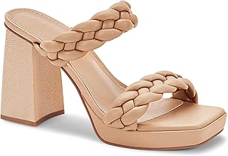Coutgo Donna Intrecciato Piattaforma Tacco Sandali Piazza Punta Aperta Chunky Block Tacchi Strappy Slip On Décolleté Scarpe, Cachi, 37 EU