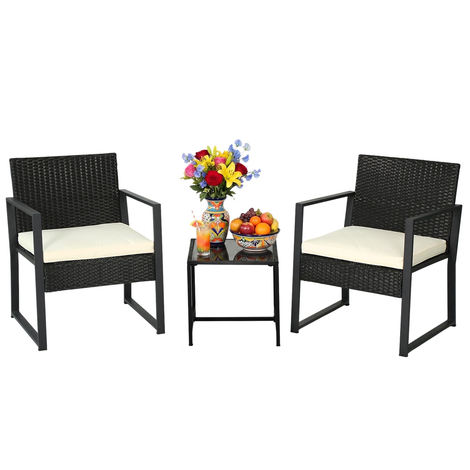 FDW | 3-Piece Patio Furniture Set | Khaki |Outdoor Wicker Furniture with Coffee 
