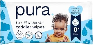 Pura Flushable Baby Wipes 60 Count Sensitive Skin | 99% Water with Organic Aloe Vera, 100% Plastic Free*, Fine to Flush Certified, Allergy UK Certified, Newborn Safe