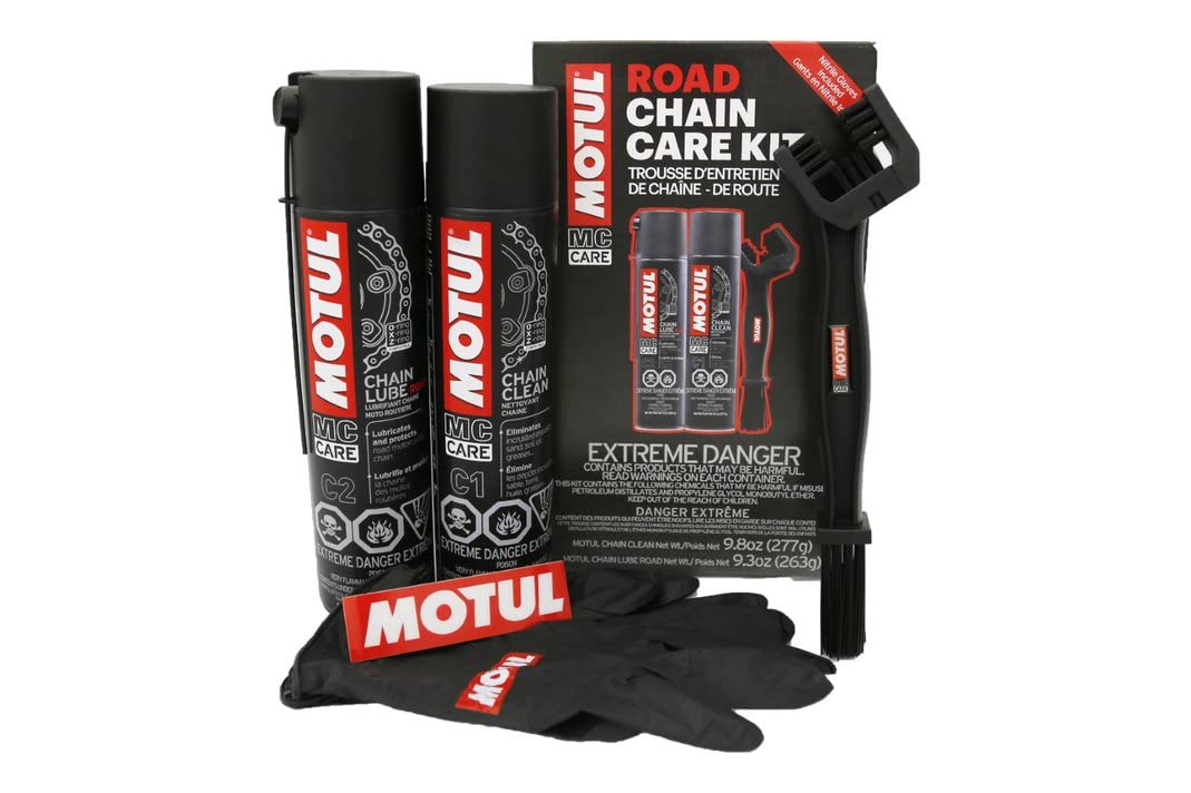 Motul C1 Chain Cleaner and C2 Motorcycle Chain Lube Kit with Brush, Gloves, and 