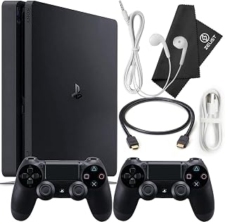 PlayStation 4 Slim 1TB Console Bundle - Includes the PS4 Console Slim 1TB, 2 Dualshock PS4 Wireless Controllers, MicroUSB Charging Cable, HDMI cable, Wired Earbuds and Microfiber Cloth (Renewed)