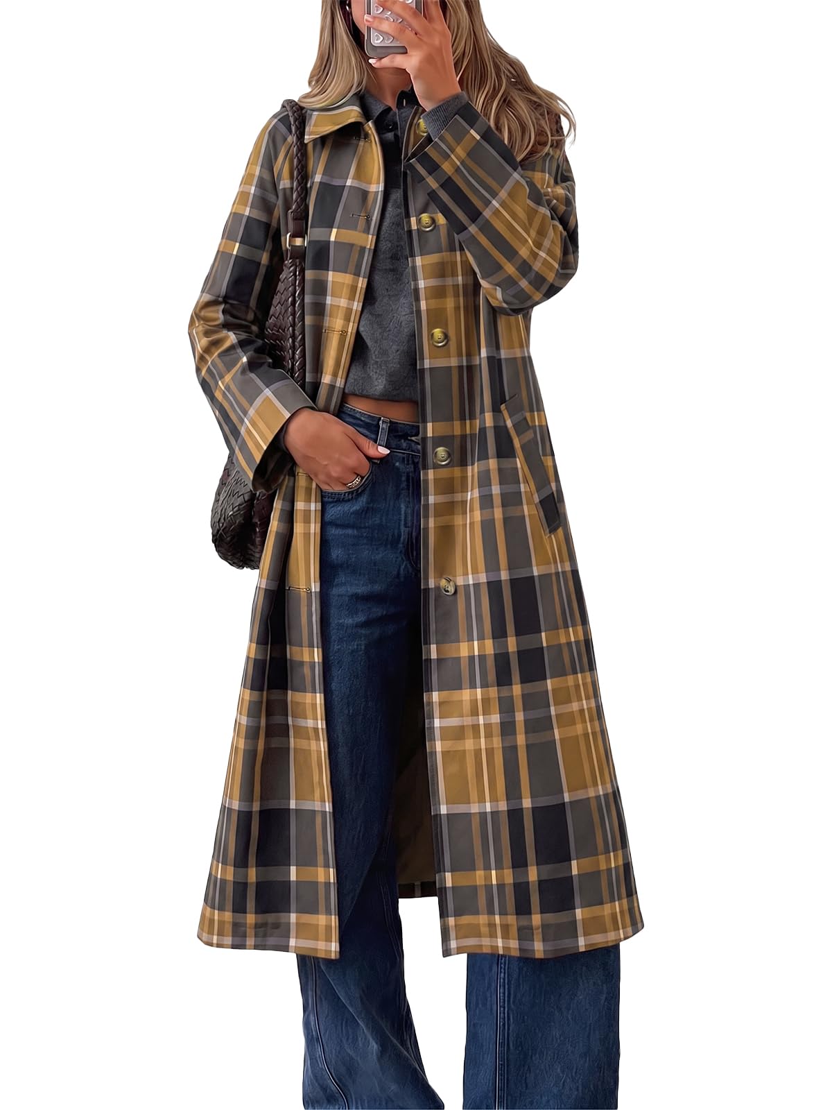 Cicy Bell Trench da donna in tartan con risvolto autunnale monopetto giacca