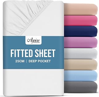 Aspire Homeware Double Fitted Sheet - 25 cm Deep Hotel Quality (White) Bed Sheets - Soft & Breathable Fitted Bed Sheets Double - Anti-Wrinkle Easy Care Fitted Sheets