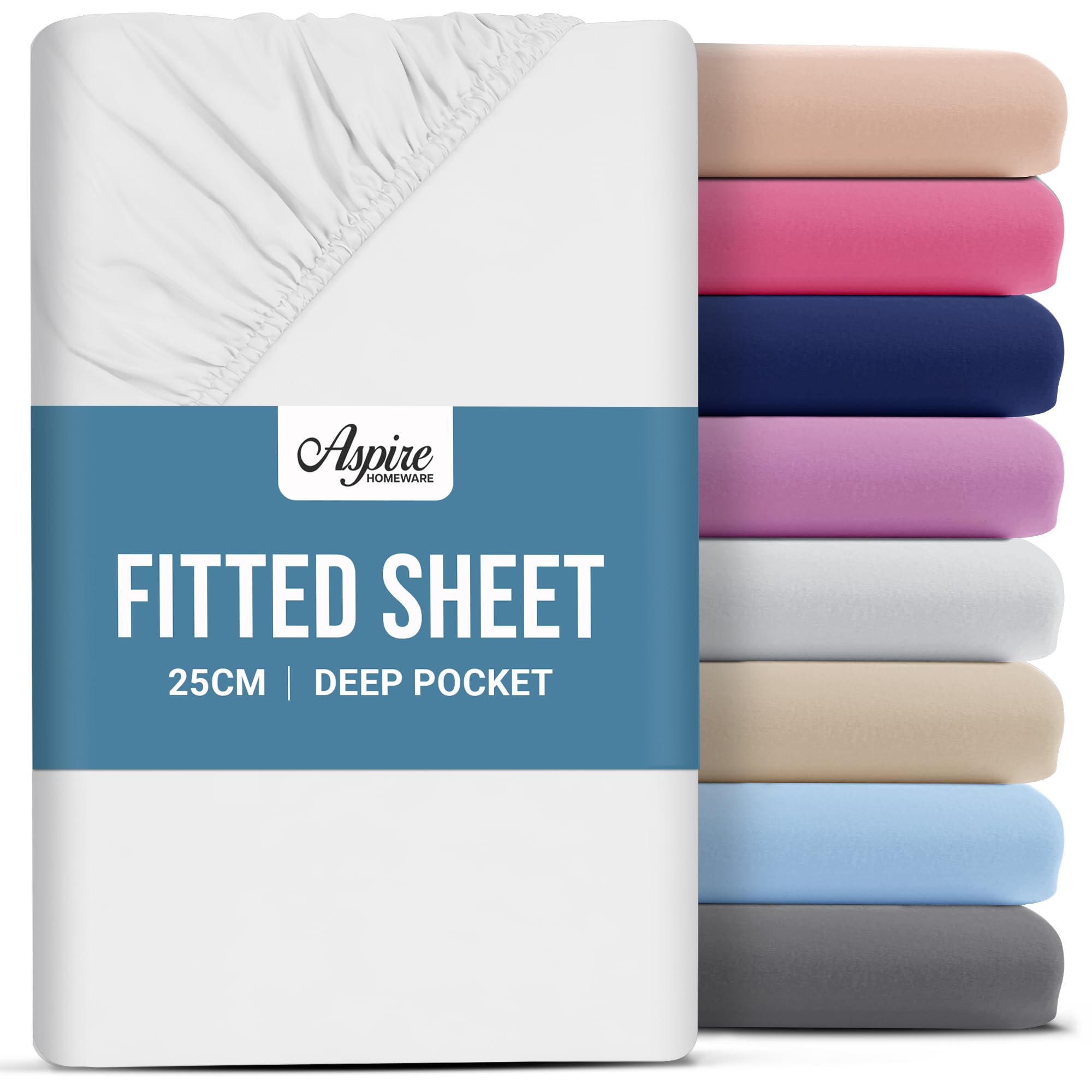 Aspire Homeware Double Fitted Sheet - 25 cm Deep Hotel Quality (White) Bed Sheet