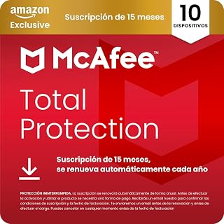 McAfee Total Protection para 10 Dispositivos 2026, 15 meses, Exclusivos de Amazon | Antivirus, VPN, software de seguridad | Suscripción con renovación automática | Descargar