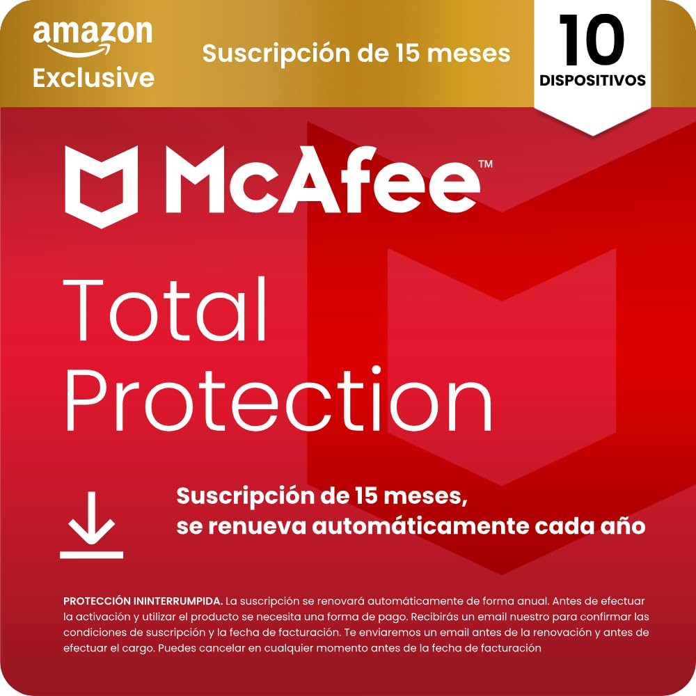 McAfee Total Protection para 10 Dispositivos 2026, 15 meses, Exclusivos de Amazo