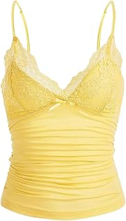 Naileksi Women Y2k Lace Trim Cami Top Spaghetti Strap Fairy Grunge Tank Top V Neck Ruched Bow Lace Patchwork Cami Shirt