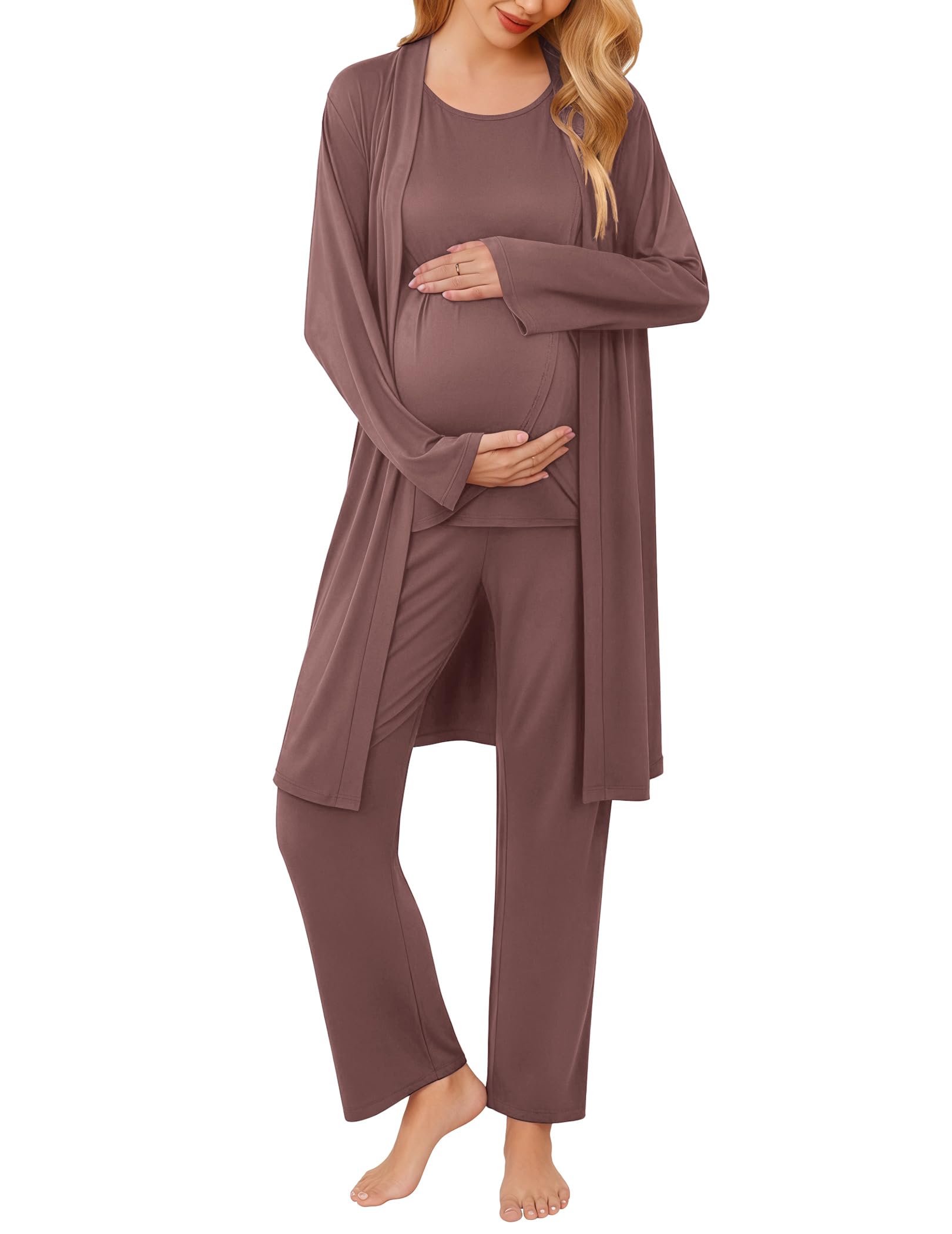 Ekouaer Maternity Pajamas Nursing Robe Set 3 Pieces Post Partum Lounge Sets