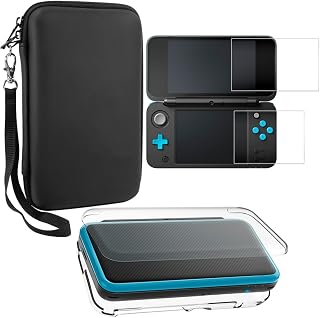Protective Cases Compatible New 2DS XL with Screen Protectors, AFUNTA 1 Crystal Clear Case and 1 EVA Carrying Case for Console, with 2 Pcs Anti-Scratch Tempered Glass Films for Screens