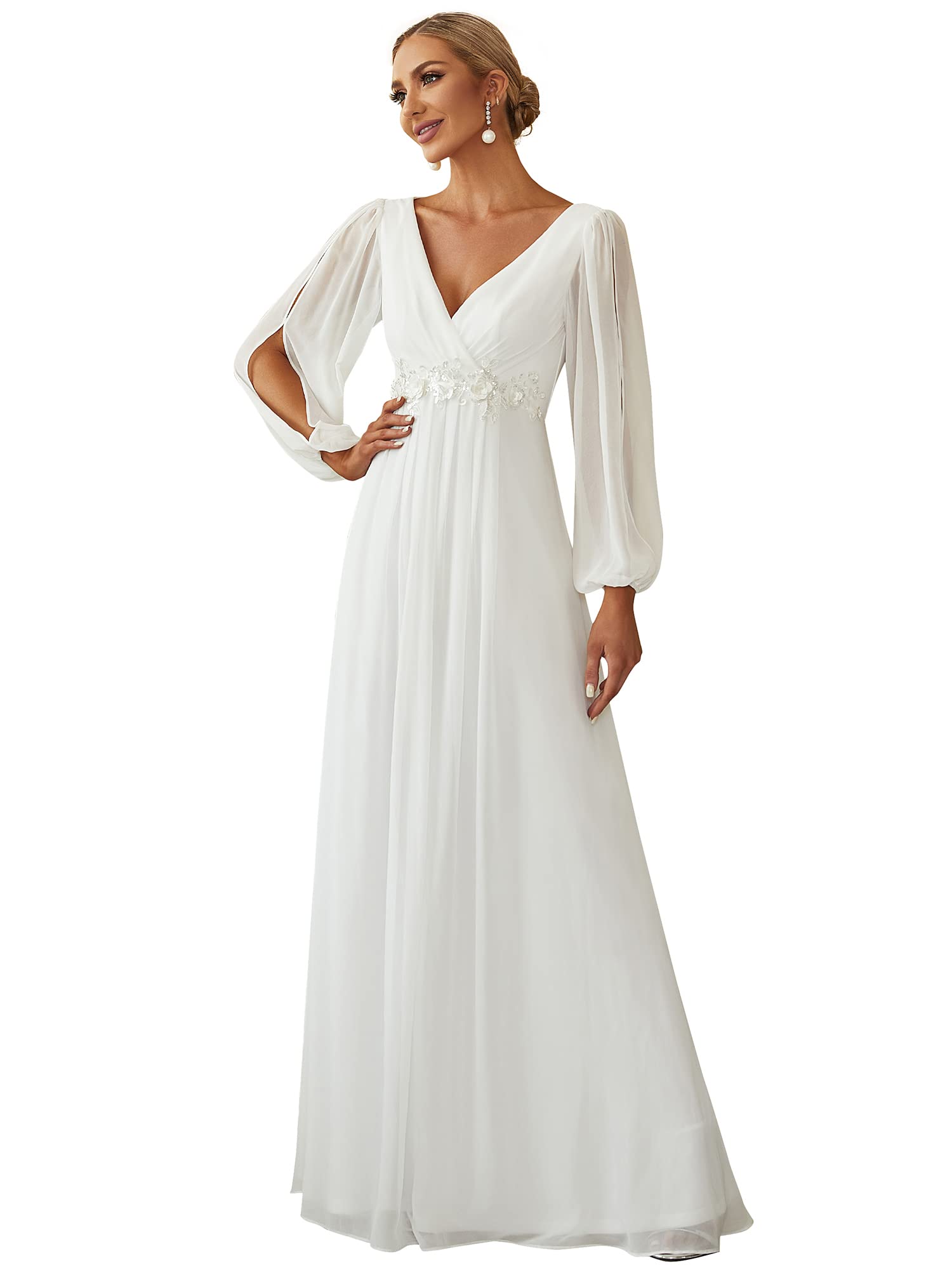 Ever-Pretty Women's Plus Size Long Prom Dress Deep V Neck A-Line Long Sleeve wit