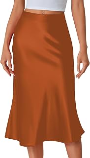 LYANER Women Silky Satin Midi Skirt Elastic High Waist Zipper A-Line Business Skirts