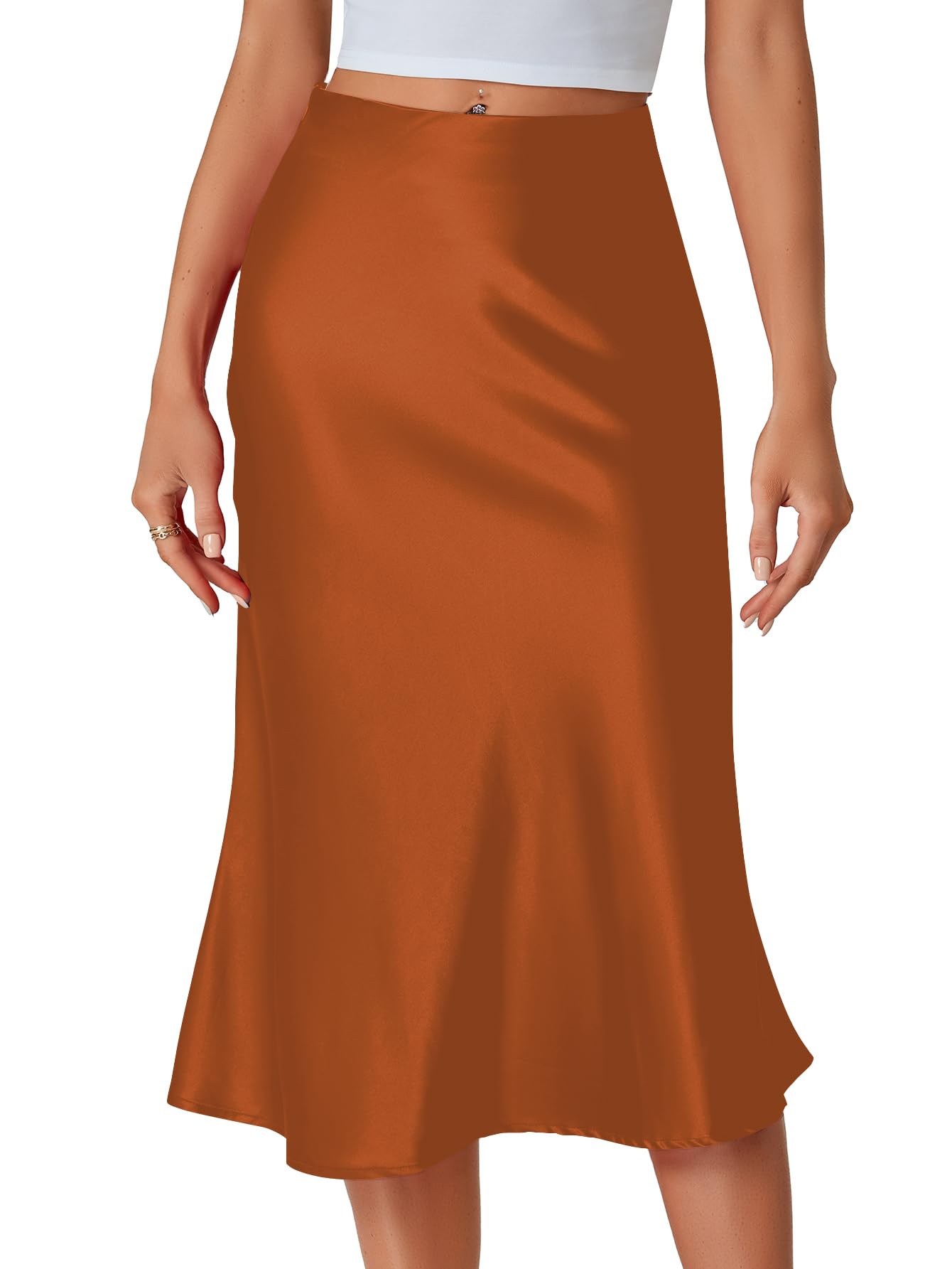 LYANER Women Silky Satin Midi Skirt Elastic High Waist Zipper A-Line Business Sk