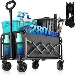280LBS Folding Wagon Cart with All-Terrain Wheels and 2 Cup Holders | Heavy Duty Utility Wagon With Al L-Terrain Wheels, Lightweight Portable Design, Perfect For Grocery Shopping, Garden & Beach