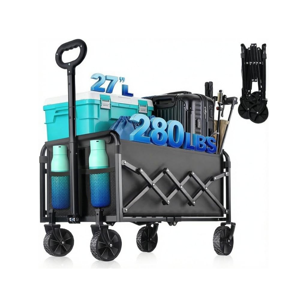 280LBS Folding Wagon Cart with All-Terrain Wheels and 2 Cup Holders | Heavy Duty