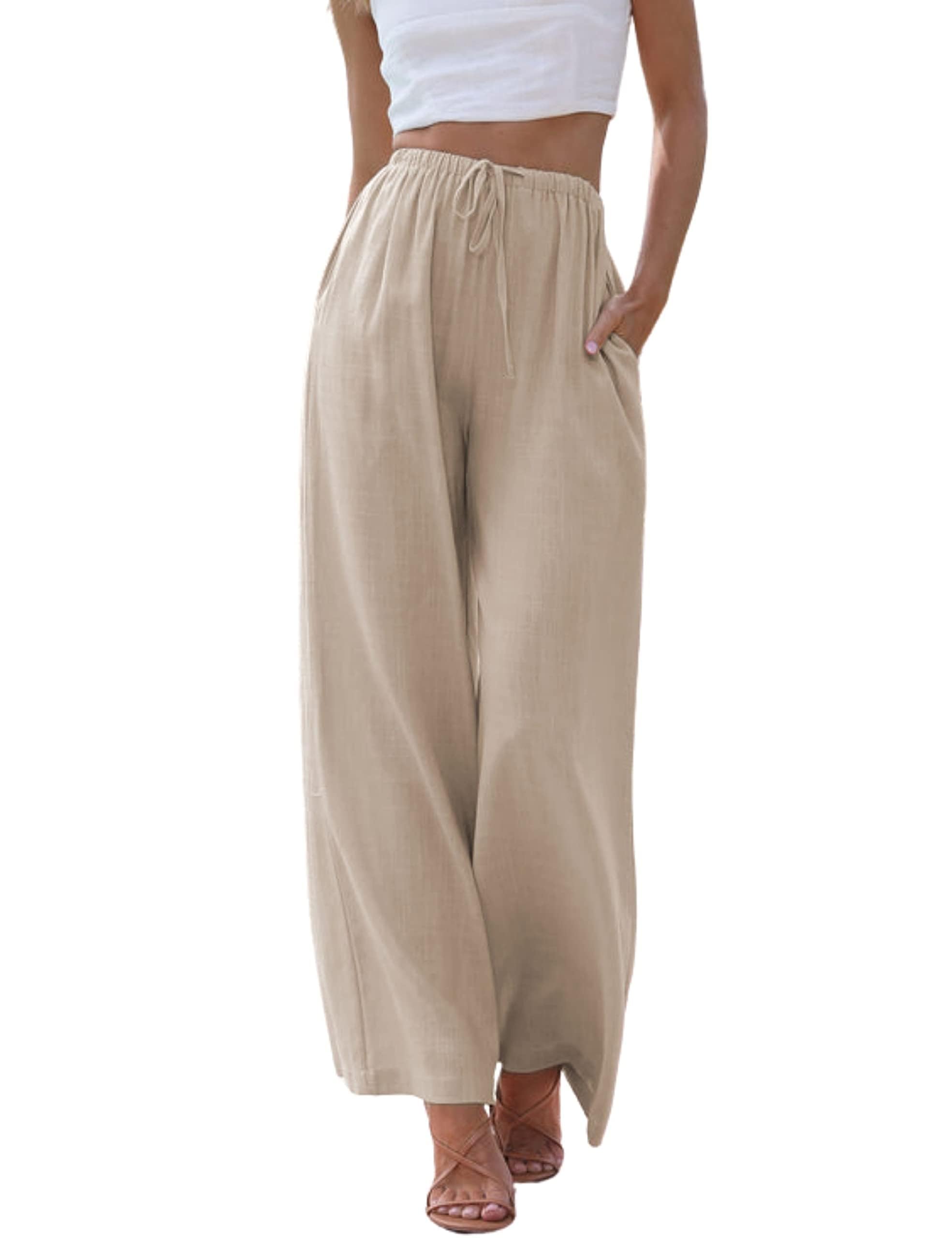 Cegerne Women's Linen Trousers Summer Lightweight Casual Long Wide Legs Muslin P