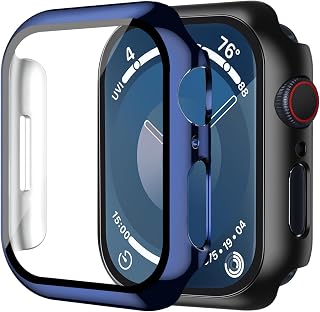 Smiling Pack Case Compatible with Apple Watch Series 9/8/7 41mm with Tempered Glass Screen Protector, Hard PC Case Overall Protective Cover- 1 Blue + 1 Black