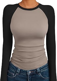 Trendy Queen Ladies Shirts Long Sleeve Slim Fit Elastic Color Block Slightly Cropped Top