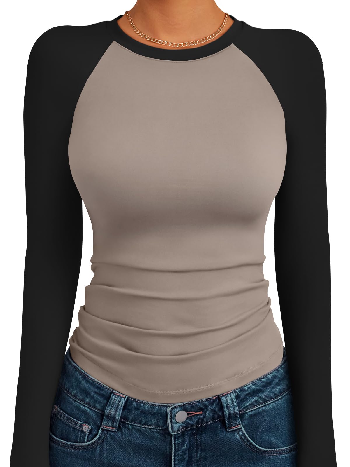 Trendy Queen Ladies Shirts Long Sleeve Slim Fit Elastic Color Block Slightly Cro