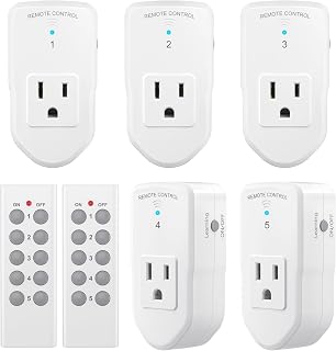 BN-LINK Wireless Remote Control Outlet Electrical Switch for Lights, Fans, Christmas Lights, Small Appliance, 100ft Long Range White (Learning Code, 5Rx-2Tx) 1200W/10A, ETL & FCC Certified