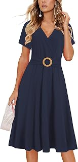 Summer Dresses for Women 2026 Elegant Deep V Neck Short Sleeve Casual Knee Length Midi Dress with Pockets New DJ980