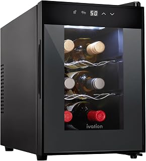 Ivation 6 Bottle Thermoelectric Wine Cooler & Fridge, Black | Digital Temp Control | UV Glass Door | LED Light | Wire Shelves | Small Countertop Quiet Freestanding Refrigerator