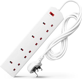 DESIRETECH White Electric Extension Lead - 4 Gang, 2 Metre Cable with UK Plug & 3 Pin Socket - Wall Mountable & Multi Socket Mains Strip for Home, Bedroom, Kitchen, & Office (1 Pack)