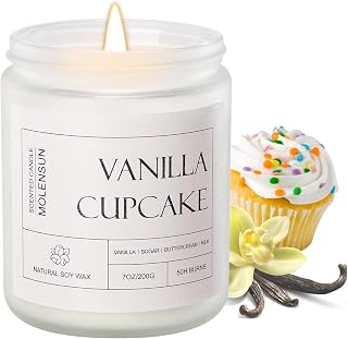Molensun Vanilla Cupcake Scented Candle, Natural Soy Wax, 7 oz | White Glass Jar, Cotton Wick, Up to 50-Hour Burn, Gift Box Included, for Birthdays, Mother's Day and Christmas
