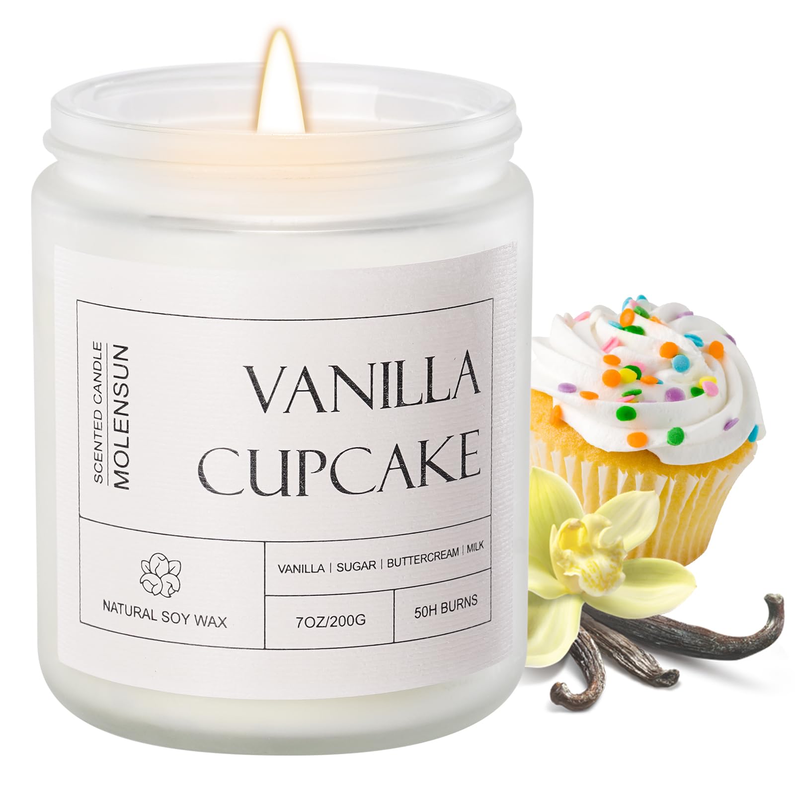 Molensun Vanilla Cupcake Scented Candle, Natural Soy Wax, 7 oz | White Glass Jar