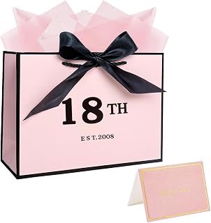 11.0× 8.0× 4.0 Inches 18th Birthday Gift Bag with Tissue Paper and Card, 18 Year Old Birthday Gift Wrapping Bag for Girls