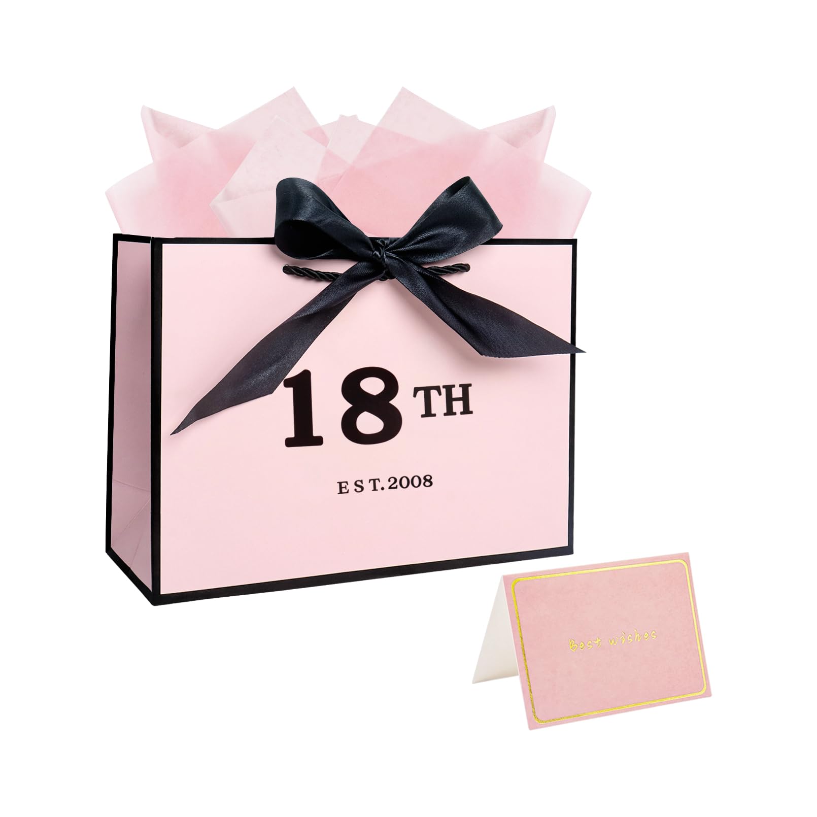 11.0× 8.0× 4.0 Inches 18th Birthday Gift Bag with Tissue Paper and Card, 18 Year