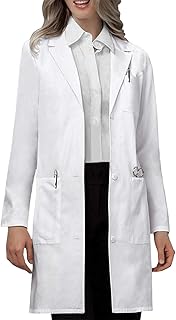 VOGRYE Womens Medical Lab Coat Three Pocket Long Sleeve Button Front White | Polyester blend machine washable long sleeves button front and three pockets for classroom laboratory and workwear