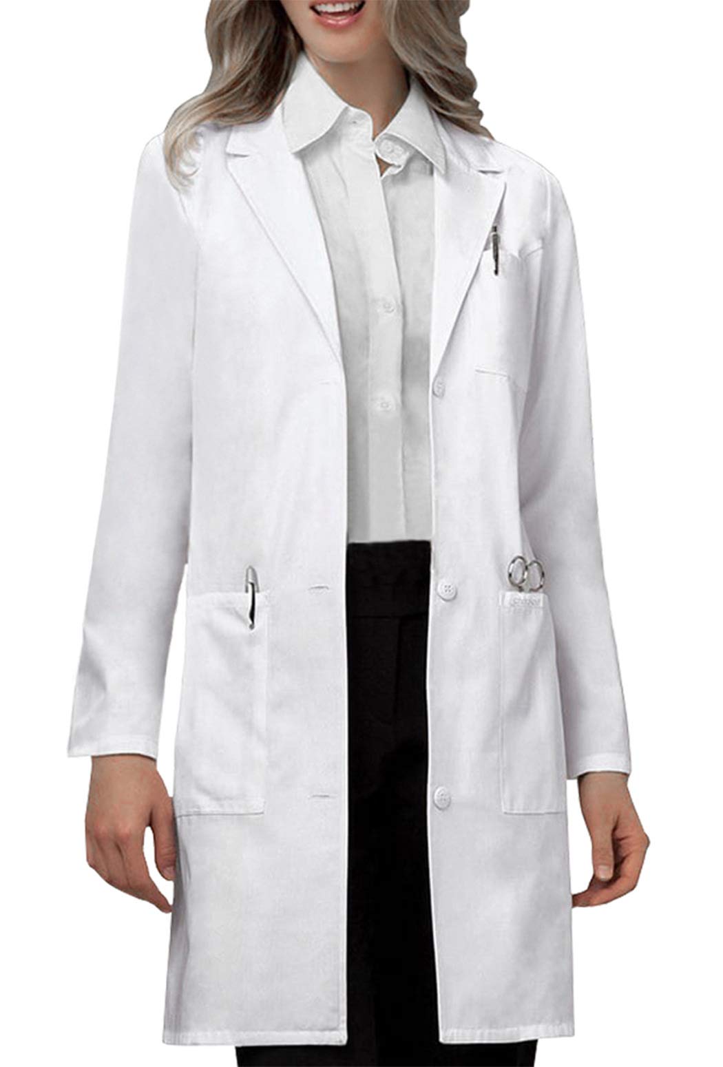 VOGRYE Womens Medical Lab Coat Three Pocket Long Sleeve Button Front White | Pol