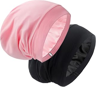 Silk Satin Lined Sleep Cap - Adjustable to Stay Put All Night - Soft Cap to Protect Curly Hair, Black and Pink., One Size
