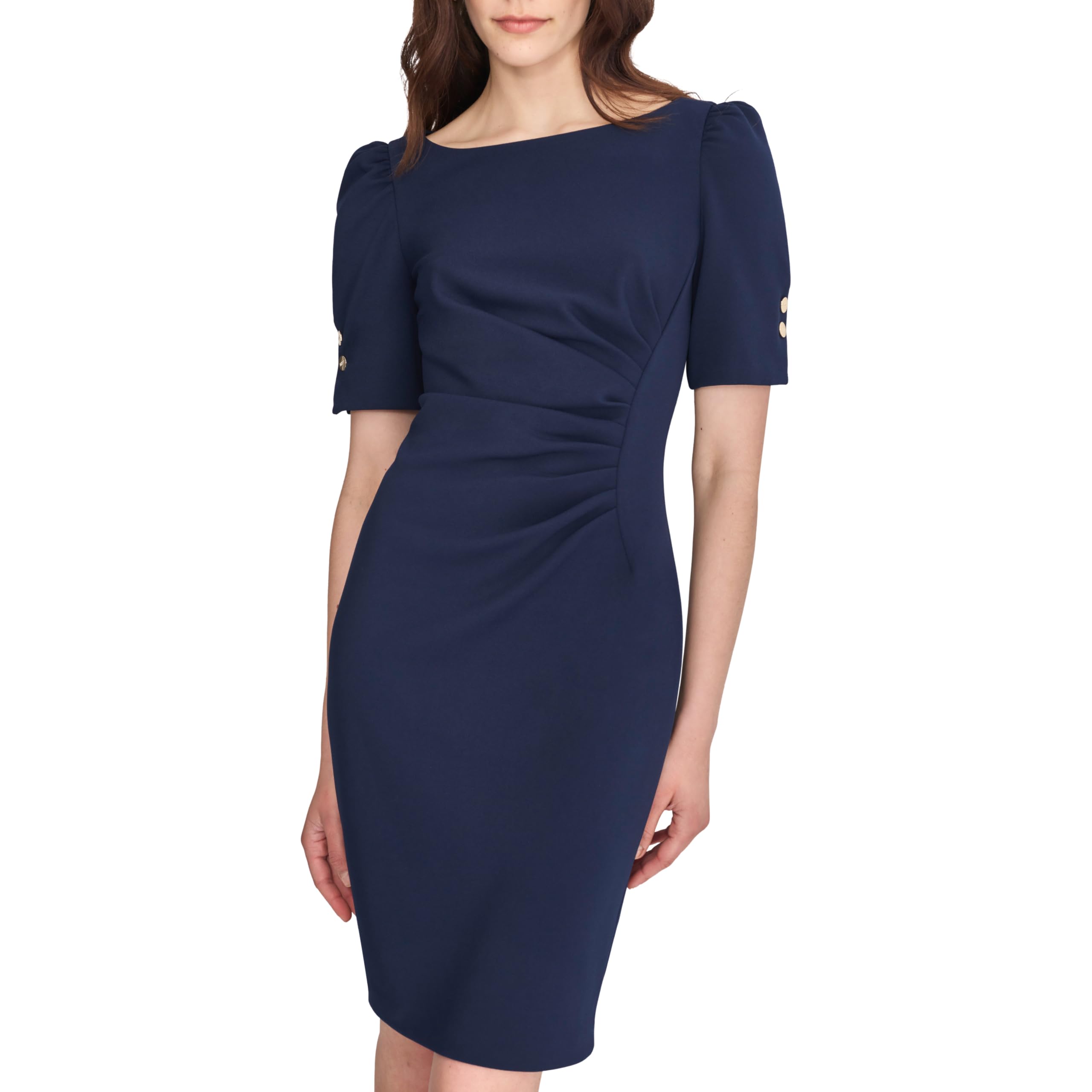 DKNY Button Short Sleeve Ruched Sheath Dress for Women